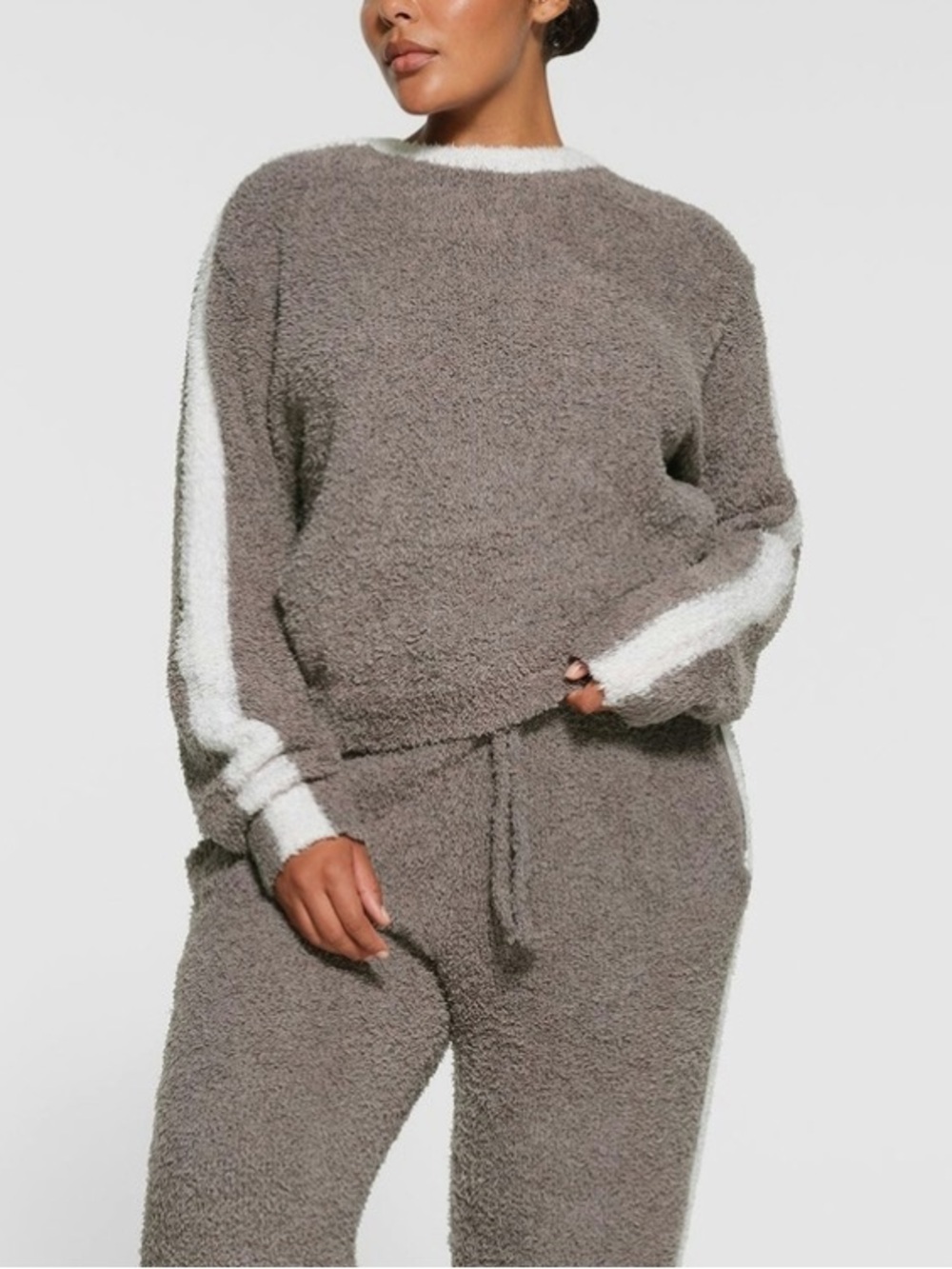 SKIMS Cozy Knit Pullover Fuzzy Sweater Grey Chalk Stripe L/XL
